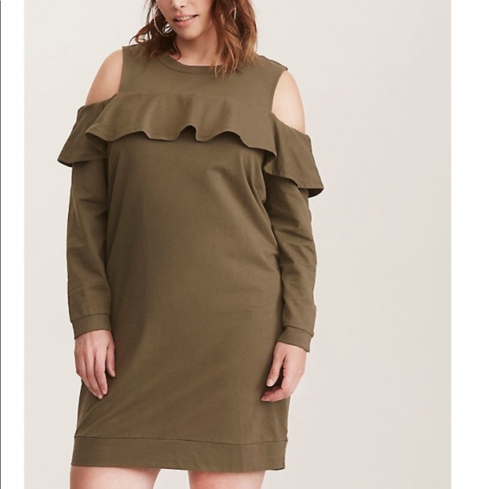 Olive Green Ruffled Knit Sweatshirt Dress